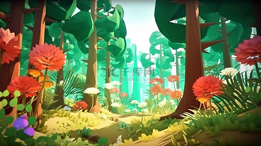 夏天暴晒背景图片_低聚奇幻森林卡通自然环境的令人惊叹的 3D 渲染