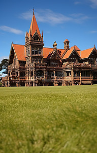 草地新西兰背景图片_一大片草坪，后面高耸的建筑物