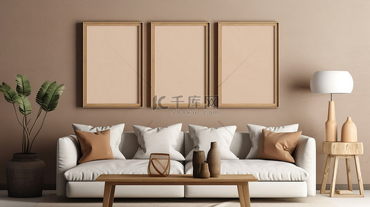 棕色海报背景图片_客厅内部采用米色和棕色色调 海报框架模型的 3d 渲染与微妙的墙壁阴影