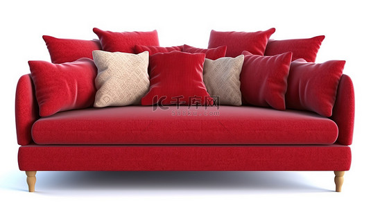 字中背景图片_红色布艺沙发与枕头在 3d 渲染隔离在白色背景