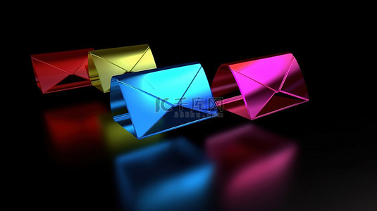 空白蓝色背景上充满活力的彩色电子邮件标志，带有 3D 邮件图标