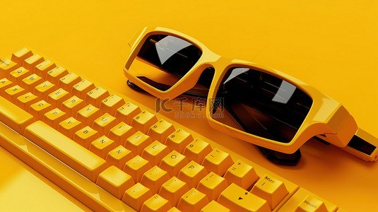 系带背景图片_带 3d 眼镜的娱乐 PC 体验黄色键盘