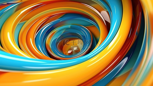 3d 渲染明亮螺旋蓝色橙色黄色圆形形状的抽象插图