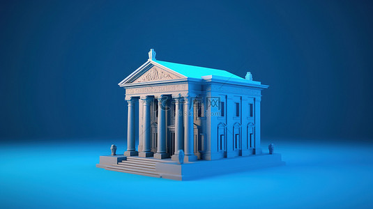 蓝色背景上隔离的银行大楼的 3D 插图，带有文本空间
