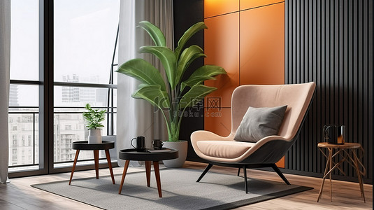 客厅书房背景图片_现代客厅的 3d 渲染，配有扶手椅