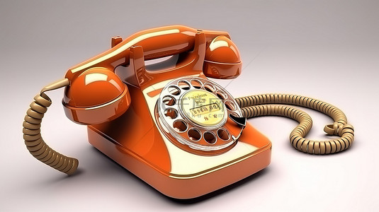 3D 渲染复古旋转电话橙色白色背景