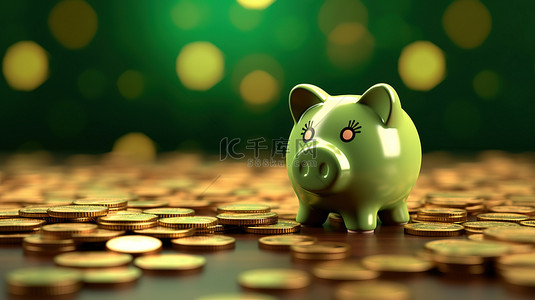 存钱罐和金币的 3D 渲染设计代表充满活力的绿色背景上的储蓄