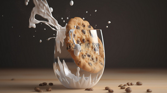 美味的饼干与葡萄干层叠成一杯鲜牛奶 3d 渲染