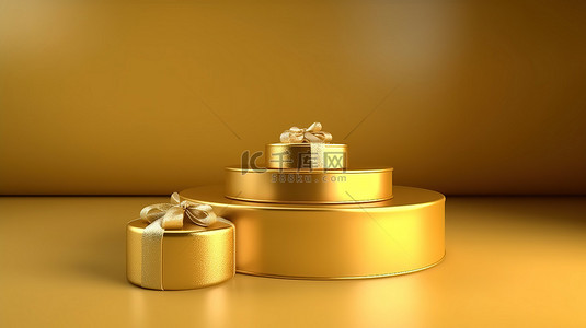 金色礼品台背景图片_闪闪发光的讲台或基座的 3D 渲染，带有用于产品或广告展示的礼品盒