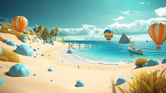 设计暑假背景图片_夏季海滩风景的 3D 插图