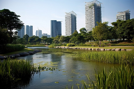池塘和草地与摩天大楼接壤