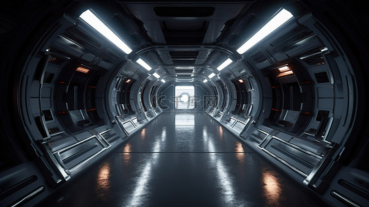 配有 3D 元素的金属宇宙飞船内部，带有隧道走廊和大量的光空间没有人
