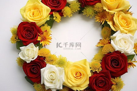 一个由黄色和黄色的花朵和一朵黄玫瑰组成的花环
