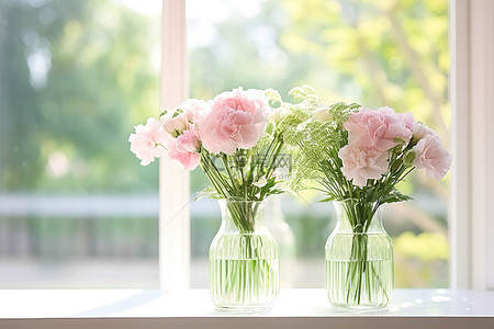 窗前放着三个玻璃花瓶，上面插着粉色康乃馨