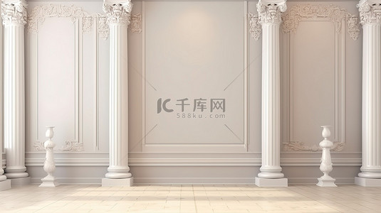法律文化墙背景图片_带有空白横幅的经典柱墙的真实 3D 渲染