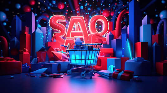 购物商店背景图片_充满活力的红蓝光照亮了大型销售与商店入口购物车和礼品 3D 插图
