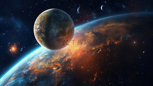 月亮星星太阳背景图片_外太空背景下的太阳月亮和地球的 3D 插图