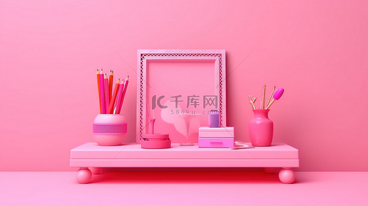 桌面封面背景图片_回到学校在产品讲台上展示霓虹粉红色 3D 插图