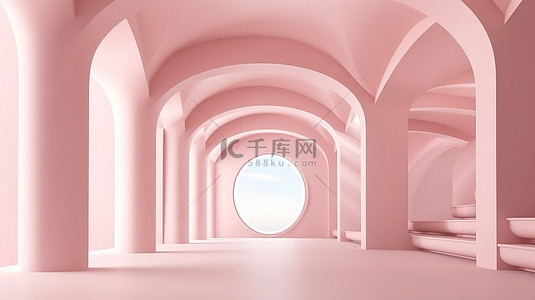 柔和的粉红色柔和的抽象背景与现代 3D 渲染的室内建筑
