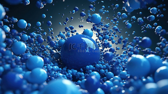 深度空间背景图片_空旷空间中的动态球体和飞行粒子混沌蓝色抽象 3D 渲染