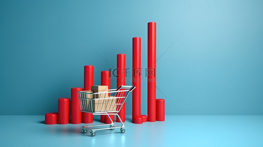 红色箭背景图片_蓝色背景 3D 渲染上带有购物车的升降条和猩红色箭头图表显示