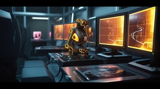 机器人在工厂 3D 渲染图像中的监视器显示上操作