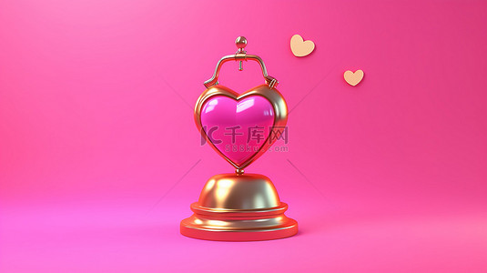 铃铛花圈背景图片_3D 渲染粉红色背景，带有心脏通知和铃铛徽章，象征社交媒体约会聊天和短信概念