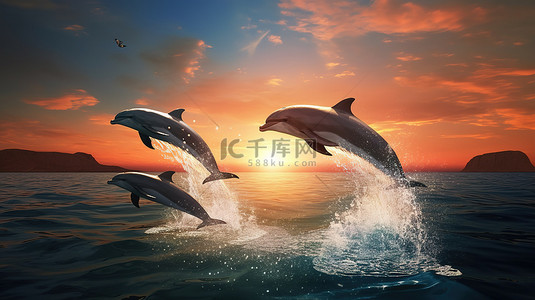 五四跳跃任务背景图片_海豚在明亮的满月下跳跃的 3D 插图