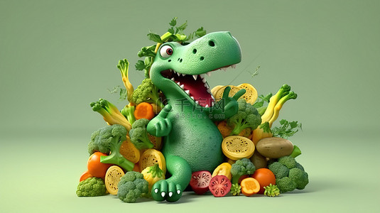 欢快的恐龙雕像在盘旋的蔬菜中