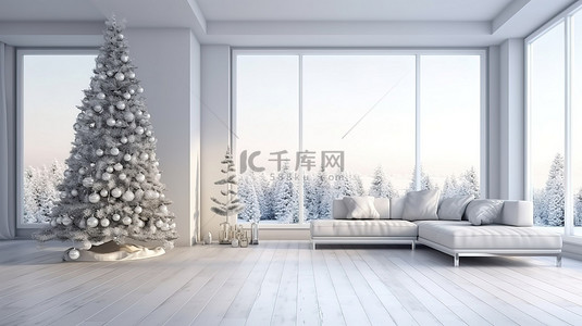 计算机生成的现代客厅，室内明亮，有圣诞树