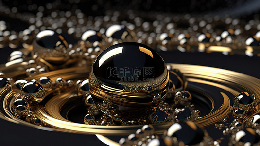 金色的球和戒指在 3D 渲染中环绕着深色大理石球体，在深色背景下特写视图