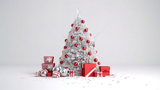 节日庆典活动背景图片_白色背景上带有红色和白色礼品盒的节日圣诞树的 3D 渲染