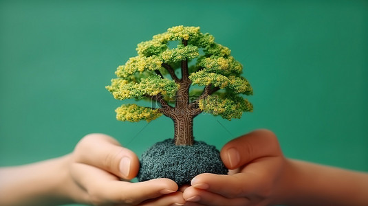 生态意识概念树被粘土地球拥抱，手握 3D 渲染