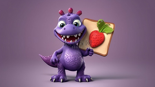 古怪的紫色恐龙举着牌子和甜草莓