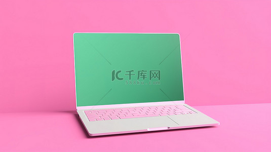 用品模板背景图片_绿色背景与粉红色笔记本电脑，具有白色空白屏幕屏幕样机模板 3D 渲染