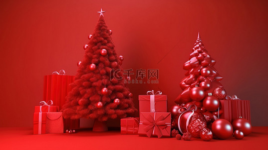 圣诞礼物玩具背景图片_喜庆的红色背景与圣诞树玩具和礼品盒 3D 插图