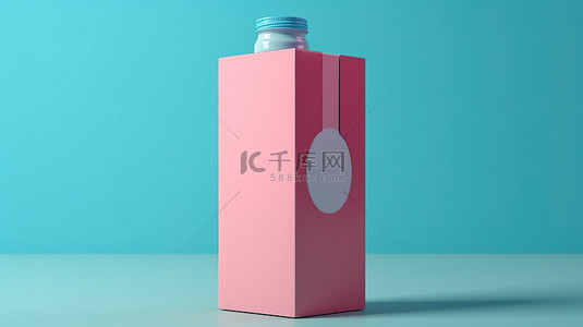 粉红色调背景图片_双色调风格的空牛奶或果汁纸盒，柔和的粉红色调，搭配凉爽的蓝色背景 3D 插图