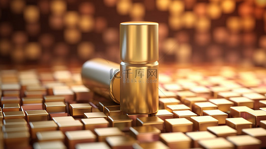 金色美容背景背景图片_具有金色立方体背景的化妆品管的 3D 渲染