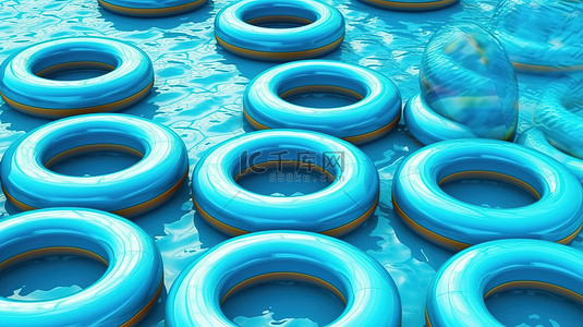 充满活力的游泳池漂浮在蓝色游泳池 3D 渲染中