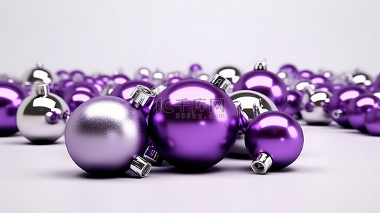 闪闪发光的紫色装饰品装饰着浅灰色的 3D 场景，适合节日圣诞节和新年