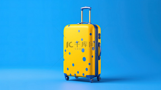 在黄色背景 3d 渲染上乘坐新正常蓝色问号装饰手提箱旅行