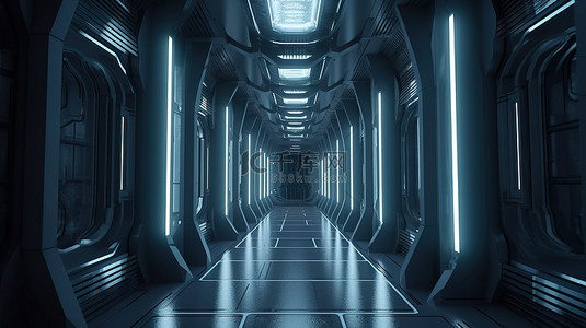 抽象空间中的未来主义走廊走廊 3D 渲染