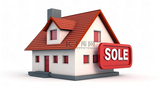 现代房屋的 3D 渲染，带有红色屋顶和砖墙，带有白色背景上的房地产概念销售标签
