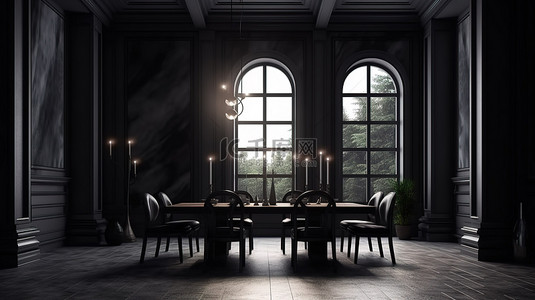 宽敞餐厅内部的 3D 渲染，在昏暗的灯光下设有大窗户