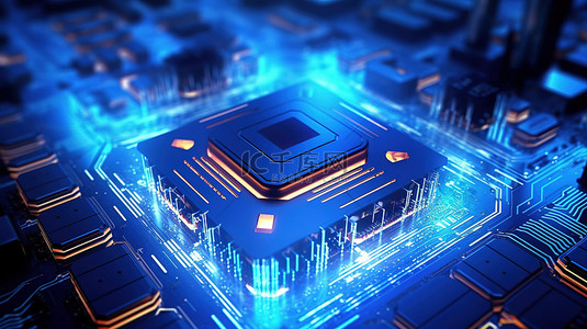 具有未来派蓝色点亮 CPU 处理器的 3D 渲染电路板