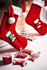 过膝长袜背景图片_圣诞老人帽子和长袜的装饰品