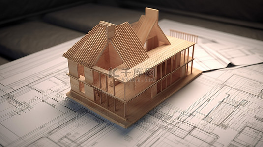 木质表面，下方有蓝图，上面有房屋的 3D 渲染图
