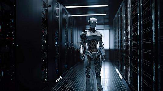 服务器机房背景图片_当人工智能机器人在 3D 渲染中计算时，服务器机房被闪亮的灯光照亮