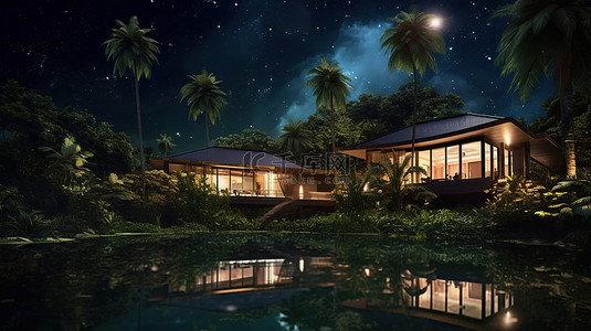 黑夜窗口背景图片_热带房屋的 3D 插图，有神秘的黑森林和星光灿烂的夜空