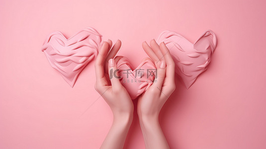 手势手部动作背景图片_3d 中的女性手在粉红色的孤立背景下形成心形